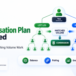 Binary Compensation Plan explained with a two-leg network structure, matched volume, and commission calculation.