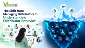 The Shift from Managing Distributors to Understanding Distributor Behavior, featuring Ventaforce direct-selling distributor network visuals and an iceberg illustrating visible activity metrics and hidden distributor behavior signals.