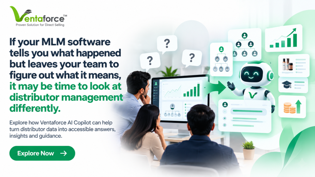 Ventaforce AI Copilot promotional graphic showing a team analyzing distributor data on a dashboard, with an AI assistant and visual icons representing team structure, business insights, products, training, and growth. Text highlights turning distributor data into accessible answers, insights, and guidance.