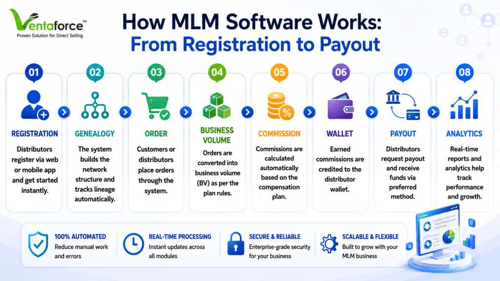 MLM software process from registration to payout.