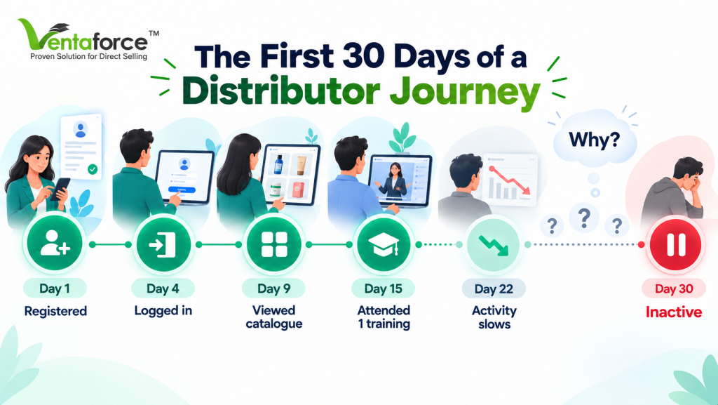 Ventaforce infographic illustrating the first 30 days of a distributor journey, from registration and login to catalogue viewing, training, slowing activity, and inactivity.