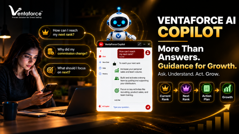 Ventaforce AI Copilot helping direct selling distributors reach their next rank with personalized guidance, actionable growth plans, and instant answers.