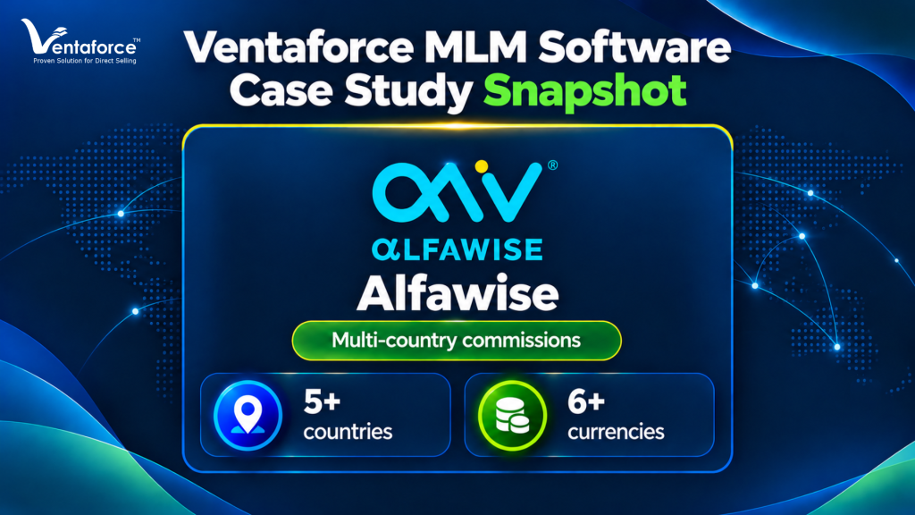 Ventaforce MLM software case study featuring Alfawise, highlighting multi-country commission management across 5+ countries and 6+ currencies.