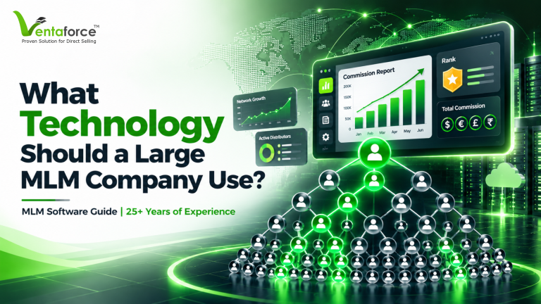 Ventaforce blog thumbnail featuring MLM genealogy network visualization, commission report dashboard, distributor ranks, global currency tracking, and the headline “What Technology Should a Large MLM Company Use?”