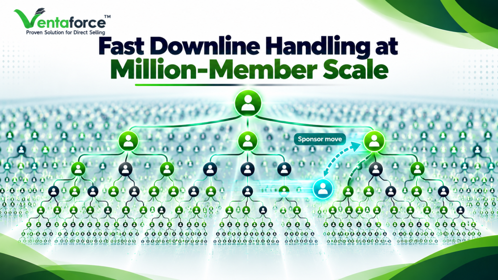 Infographic illustrating fast downline handling at million-member scale, with a large network structure and a highlighted sponsor move across the downline.