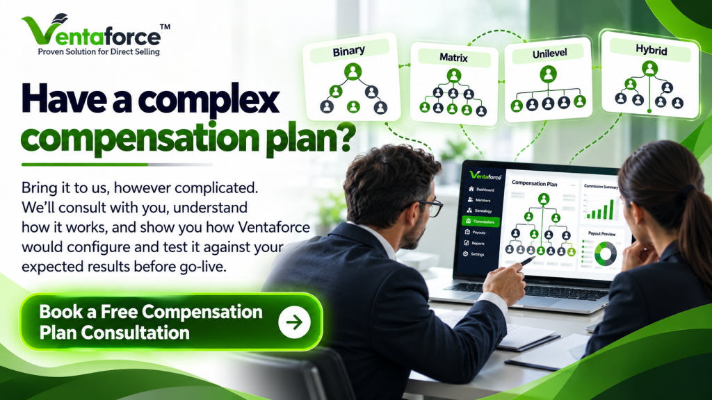 Ventaforce MLM software compensation plan consultation banner featuring Binary, Matrix, Unilevel, and Hybrid compensation structures, distributor network diagrams, and a business team reviewing commission calculations with a call to book a free compensation plan consultation.