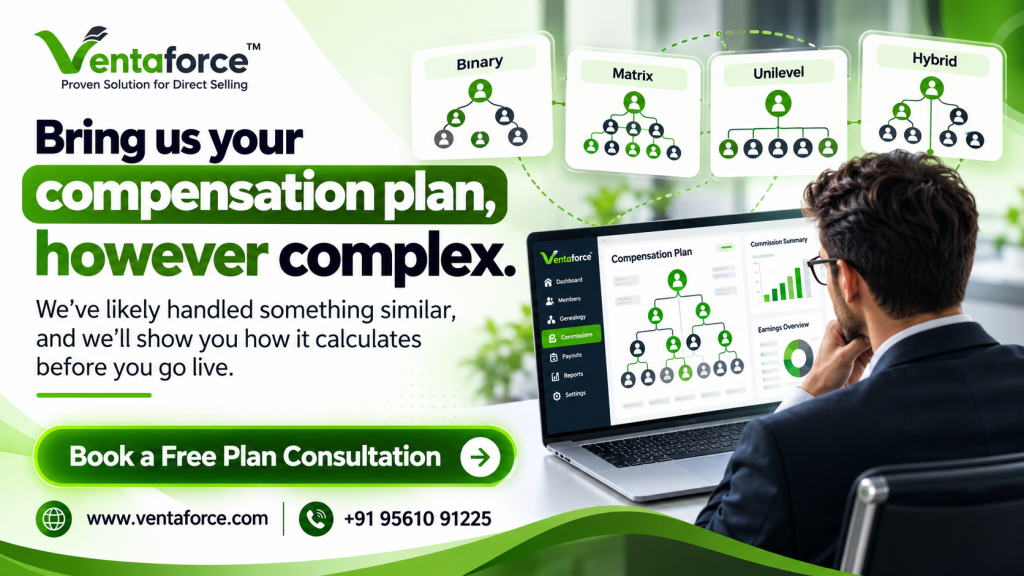 Ventaforce MLM software compensation plan consultation banner featuring Binary, Matrix, Unilevel, and Hybrid compensation structures, distributor network visualization, commission dashboard, and a free plan consultation CTA.